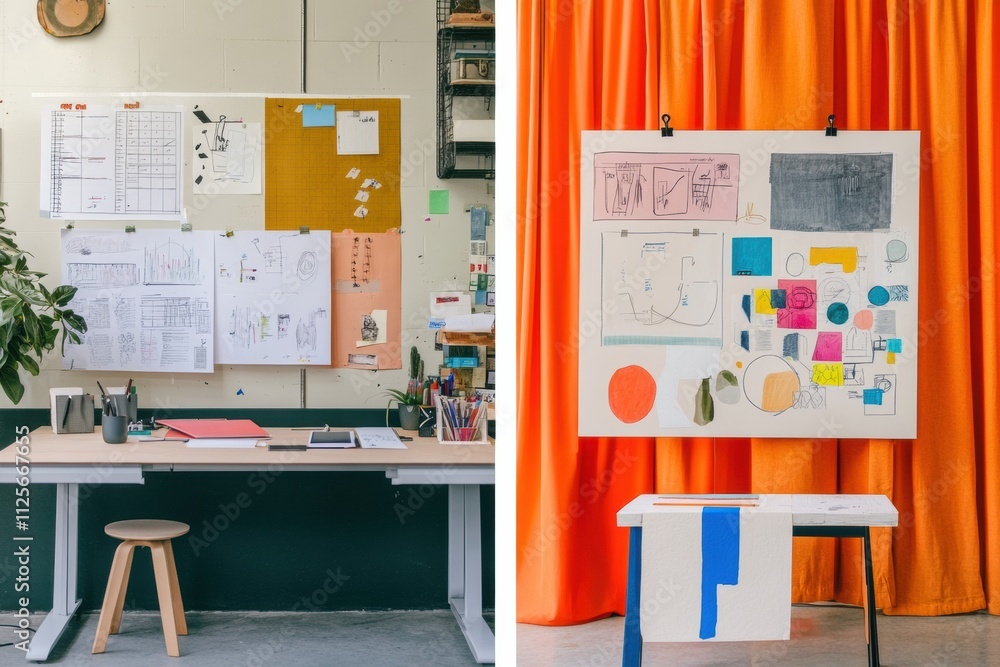Poster minimalist workspace features a clean desk with organized materials, split with a colorful artistic 