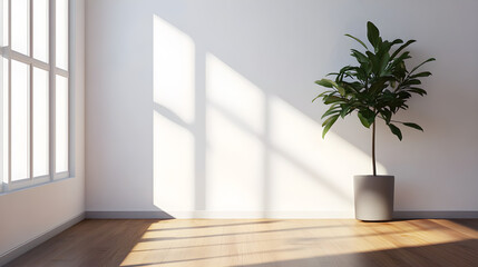 A minimalist hallway featuring a wooden floor, a white wall, and a single indoor plant for a warm, modern touch