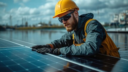 Obraz premium Worker installing solar panels by the water.