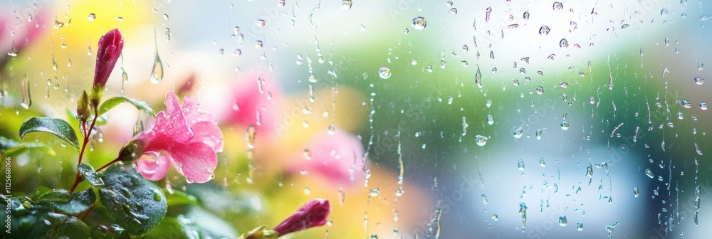 Aufkleber raindrops cling to a glass surface while an empty street reflects a gloomy atmosphere, complemented 