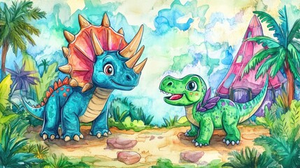 hand-drawn cartoon of a cheerful Triceratops and a playful Velociraptor having a fun time at a prehistoric park with vibrant, watercolor-painted attractions