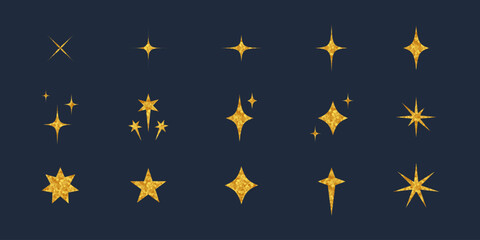 Different shining stars set. Golden textured sparkle star sticker collection. Isolated elements for festive design