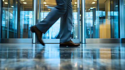 Obraz premium A person walking through a modern glass entrance, reflecting a professional atmosphere.