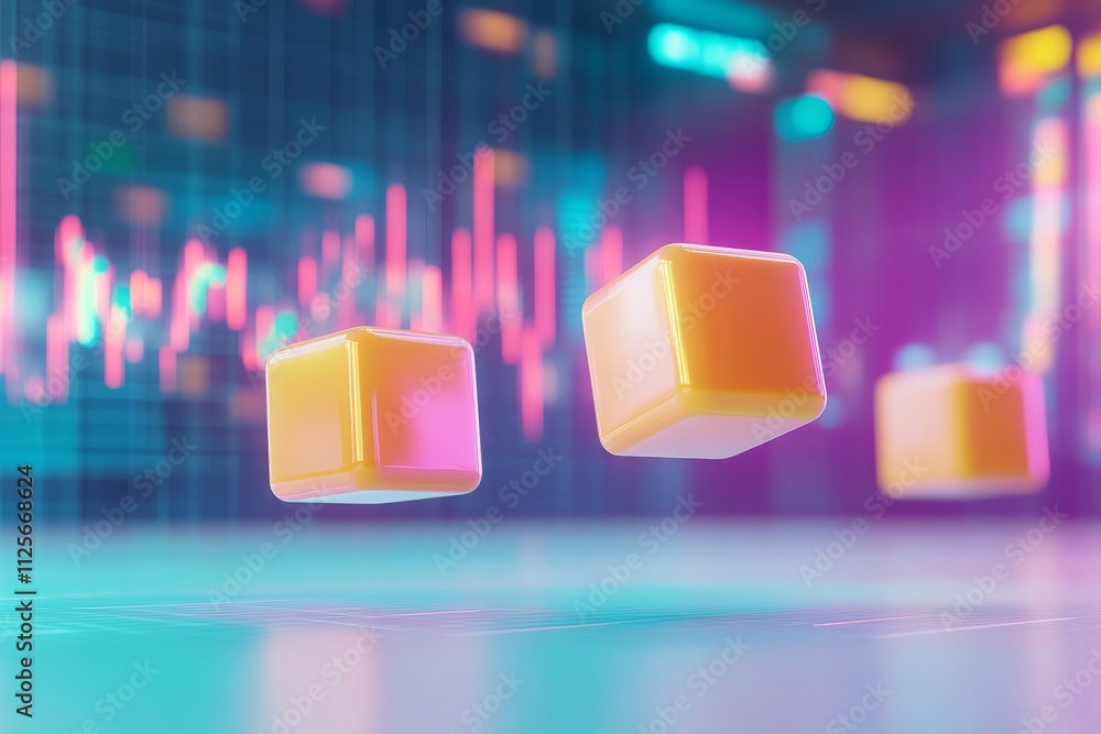 Poster a futuristic digital representation of floating cubes with vibrant colors against a backdrop of fina