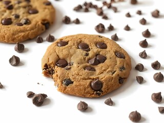 Broken chocolate chip cookie with crumbs scattered, isolated on a clean white background