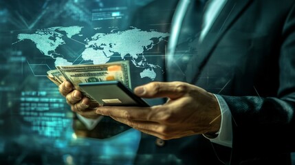 Financial transaction management global finance digital payment corporate office close-up money transfer technology