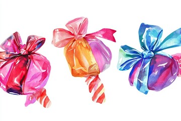Watercolor Painting of Gift Wrapped Candies on Sticks