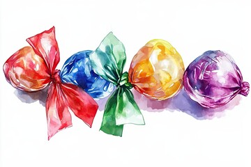 Colorful Wrapped Candies With Bows Watercolor Painting