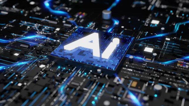 A video of an AI processing chip integrated into a high-tech circuit board. The chip glows with blue neon lines that indicate data transfer, surrounded by a modern, black, technological environment.