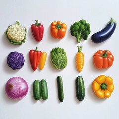 Colorful array of fresh vegetables arranged on a white background.