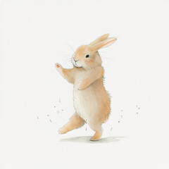 Fototapeta premium Adorable watercolor dancing bunny illustration white background children's books nursery deco, Easter design greeting card playful animal artwork sticker clipart pet bunny happy veterinary shelter zoo