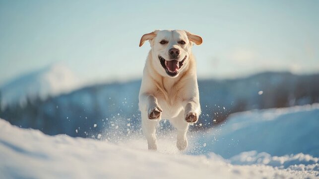Happy and smiling Labrador Retriever dog running on the snowy mountain with daylight sky background. Animal and pet concept.