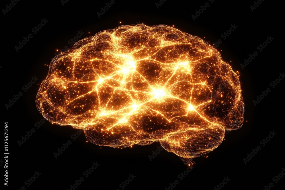Poster glowing neural networks and synapses form an abstract representation of a human brain, showcasing cr