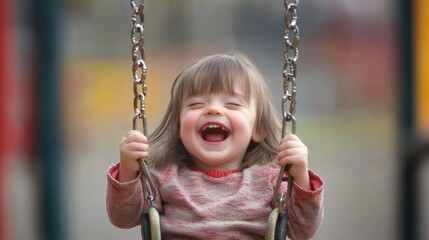 Happy child with down syndrome enjoying swing on playground