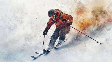 Skier Carving Down Snowy Mountain Slope
