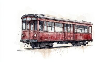 Fototapeta premium Vintage Red Train Car Watercolor Illustration