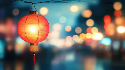 Happy chinese new year with traditional red lantern hanging for celebration, blurred street night background with copy space
