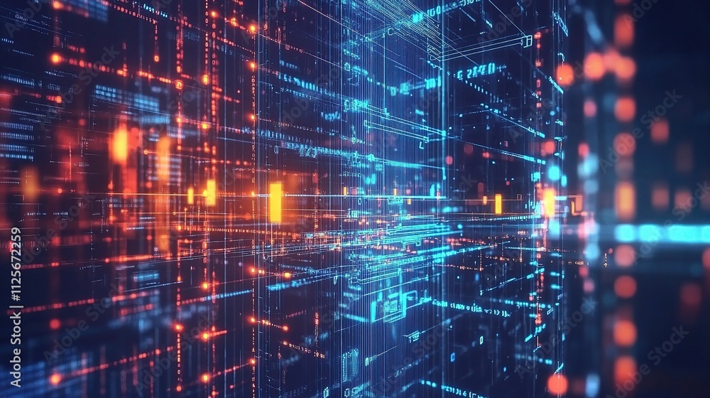 Poster futuristic digital interface with glowing lines and data streams