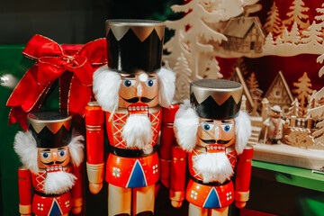  Nutcrackers wooden dolls .Symbol of Christmas and New Year.Beautiful winter festive background in...