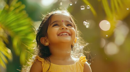 Happy cute little indian girl child standing having fun at summer park or garden.