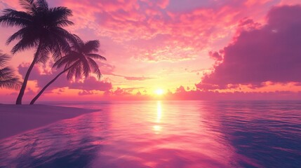 Tropical Paradise with Crystal Clear Waters and Palm Trees at Sunset