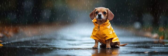 Fototapeta premium A small dog dressed in a bright yellow raincoat sits on wet pavement during light rain, looking cute and ready for an adventure. Generative AI