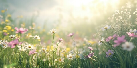 A serene meadow filled with colorful wildflowers under soft sunlight.
