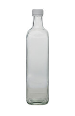 Clear glass bottle standing upright on a neutral background, showcasing simplicity and elegance in design