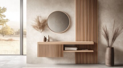 Minimalist bathroom vanity with wooden accents and mirror.