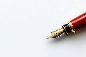 Elegant red fountain pen with gold nib on white background, close-up shot emphasizing detail and craftsmanship. Perfect for themes of writing, luxury, and stationery.