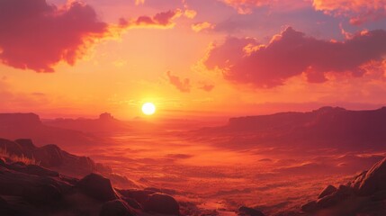 Fototapeta premium Stunning sunset over majestic landscape desert valley digital art vibrant colors aerial view nature's serenity