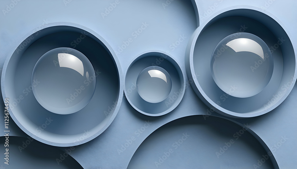 Poster abstract 3d render of nested circles and translucent spheres in a calming blue palette. perfect for 