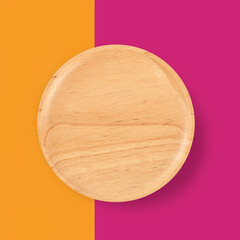 Empty Wooden plate on orange and red background. Top view