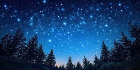 Fototapeta premium A serene night sky filled with stars over a forest silhouette.