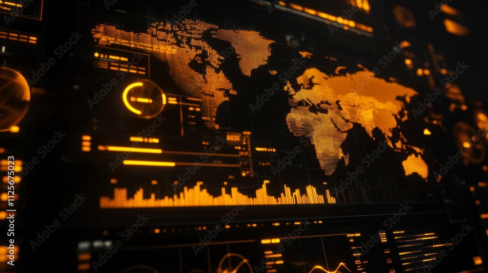 Poster global data visualization digital interface information technology dark environment close-up view da