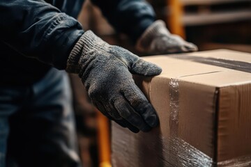 A person wearing gloves handling a cardboard box in an industrial setting.
