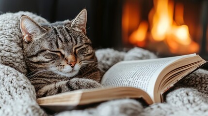 Relaxing Tabby Cat Snuggled in Blanket with Open Book by Cozy Fireplace in Warm Living Room Setting
