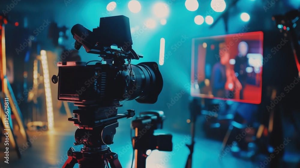 Poster capturing an engaging interview in a professional studio, showcasing advanced equipment and technolo
