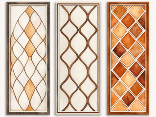 Elegant wall art panels with intricate designs in warm tones, isolated design on white background
