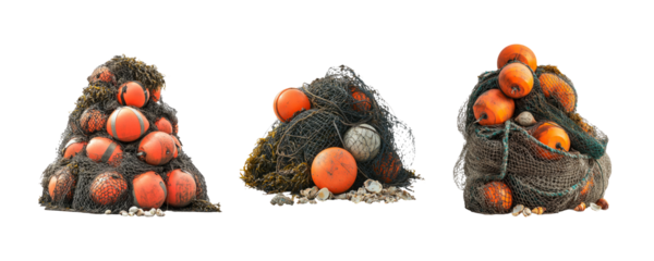 Colorful Buoys and Fishing Nets on Transparent Background