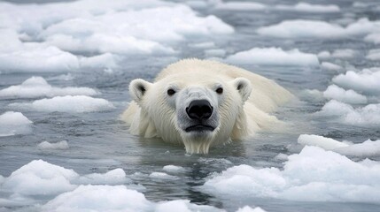 Obraz premium Polar bear swimming in icy arctic waters nature documentary cold environment close-up perspective wildlife conservation concept