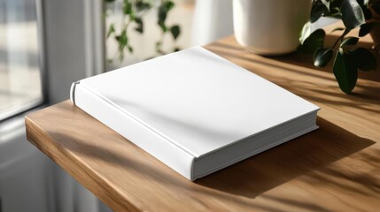 Fototapeta premium A plain white book resting on a wooden table with natural light and plants in the background.
