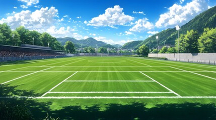 Vibrant soccer field surrounded by lush hills under a bright sky.