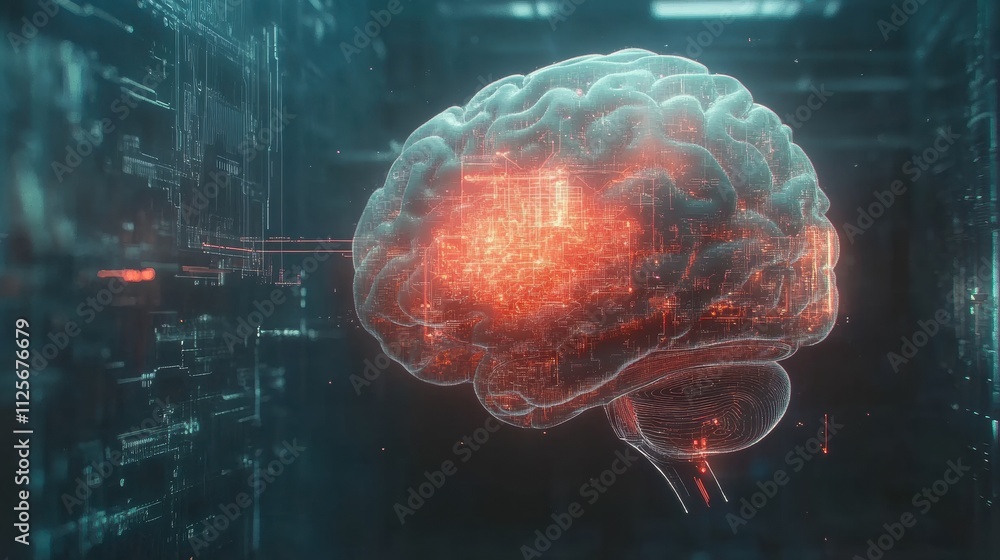 Poster a digital brain merges seamlessly with ai components, highlighting circuits and holograms, creating 
