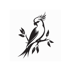 Black and White Cockatiel Bird Standing on a Tree Branch Logo Vector Illustration with White Background
