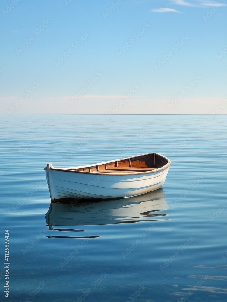 Poster a tranquil boat drifts peacefully on smooth water, surrounded by vast space under an endless blue sk