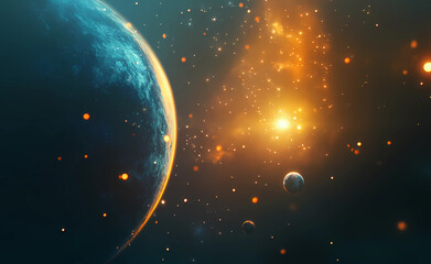 Abstract background of space with planets and stars, dark blue and golden light, planet Earth in...