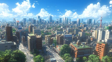 Fototapeta premium A vibrant cityscape showcasing a bustling urban area under a bright blue sky.