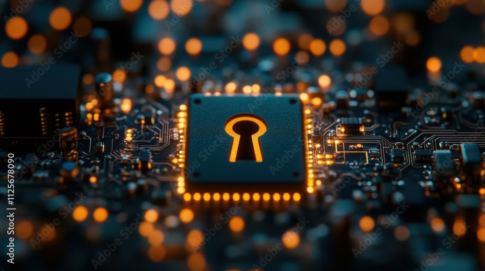 Poster a computer chip with a keyhole on it. the chip is lit up with bright lights. concept of mystery and 