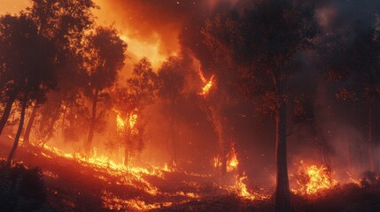 Wildfire ravages forest area dramatic blaze nature dusk setting intense environmental crisis capture